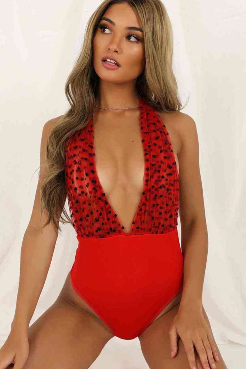 Merry See Kalp Baskılı Seksi İç Giyim Body Kırmızı