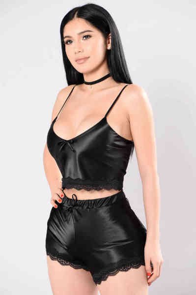 Merry See Saten Dantelli Şortlu Pijama Takım Siyah