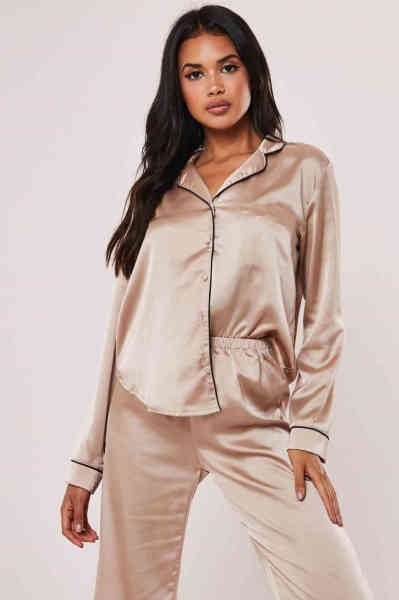 Merry See Saten Pijama Takım Düğmeli Bej