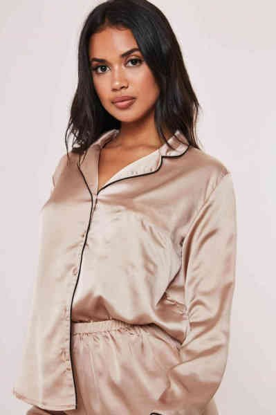 Merry See Saten Pijama Takım Düğmeli Bej