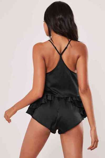 Merry See Özel Tasarım Saten Şortlu Pijama Takım Siyah