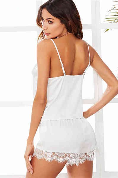 Merry See Dantel İşlemeli saten Şortlu Pijama Takım Beyaz