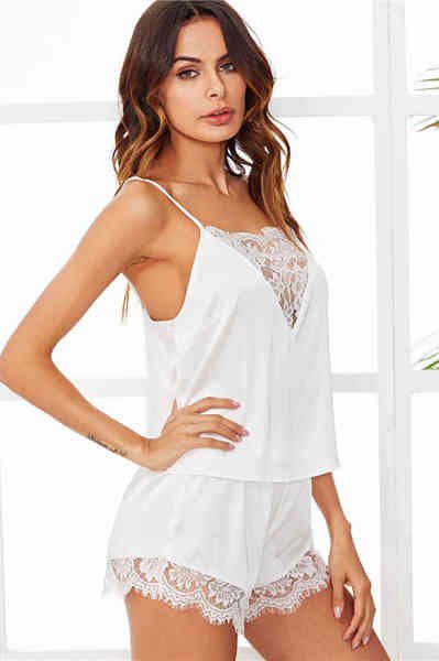 Merry See Dantel İşlemeli saten Şortlu Pijama Takım Beyaz