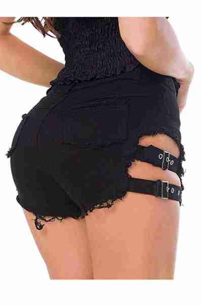 Merry See Yan Dekolte Detaylı Denim Kot Şort Siyah