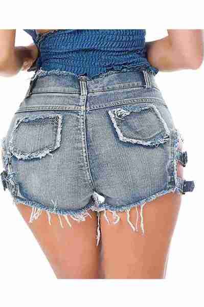 Merry See Yan Dekolte Detaylı Denim Kot Şort Mavi