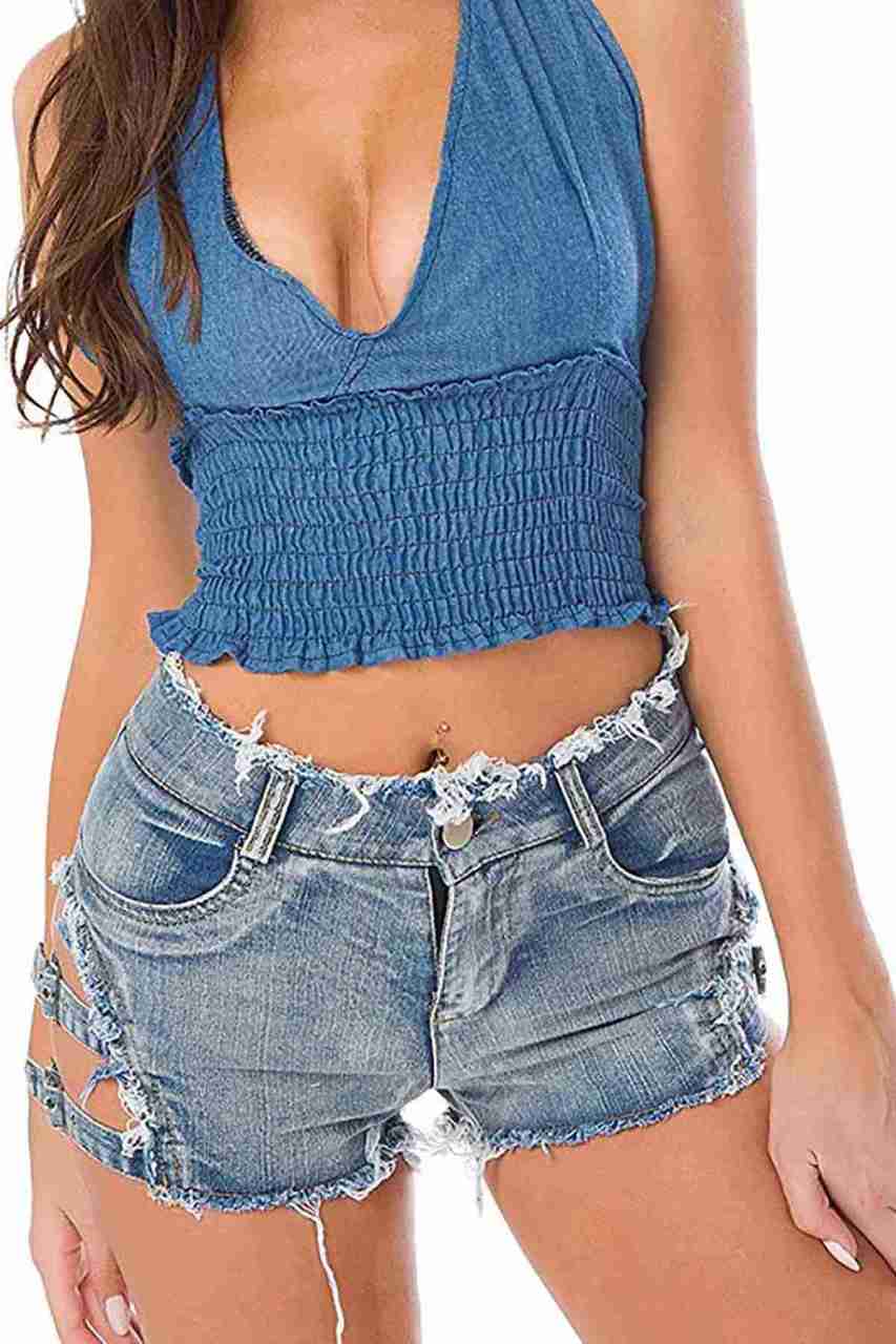 Merry See Yan Dekolte Detaylı Denim Kot Şort Mavi
