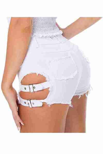 Merry See Yan Dekolte Detaylı Denim Kot Şort Beyaz