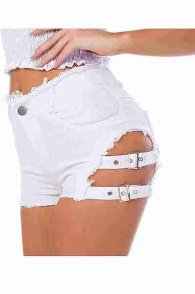 Merry See Yan Dekolte Detaylı Denim Kot Şort Beyaz