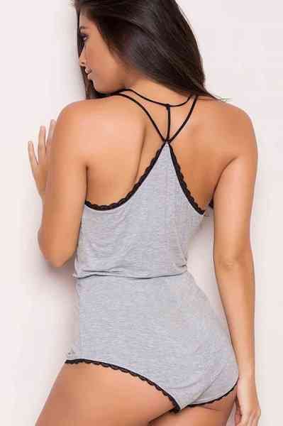 Merry See Gri Dantel İşlemeli Birleşik Şortlu Pijama