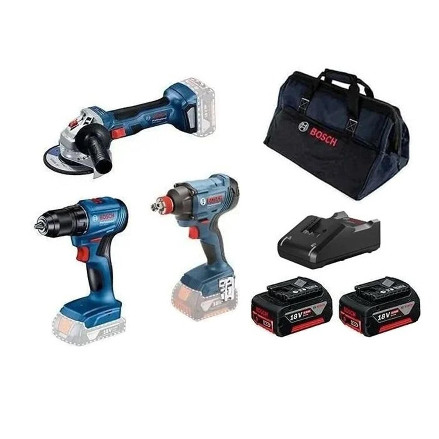 Bosch GSR 185-LI + GDX 180-LI + GWS 180-LI + 2x 4.0 Ah Akülü Set }}